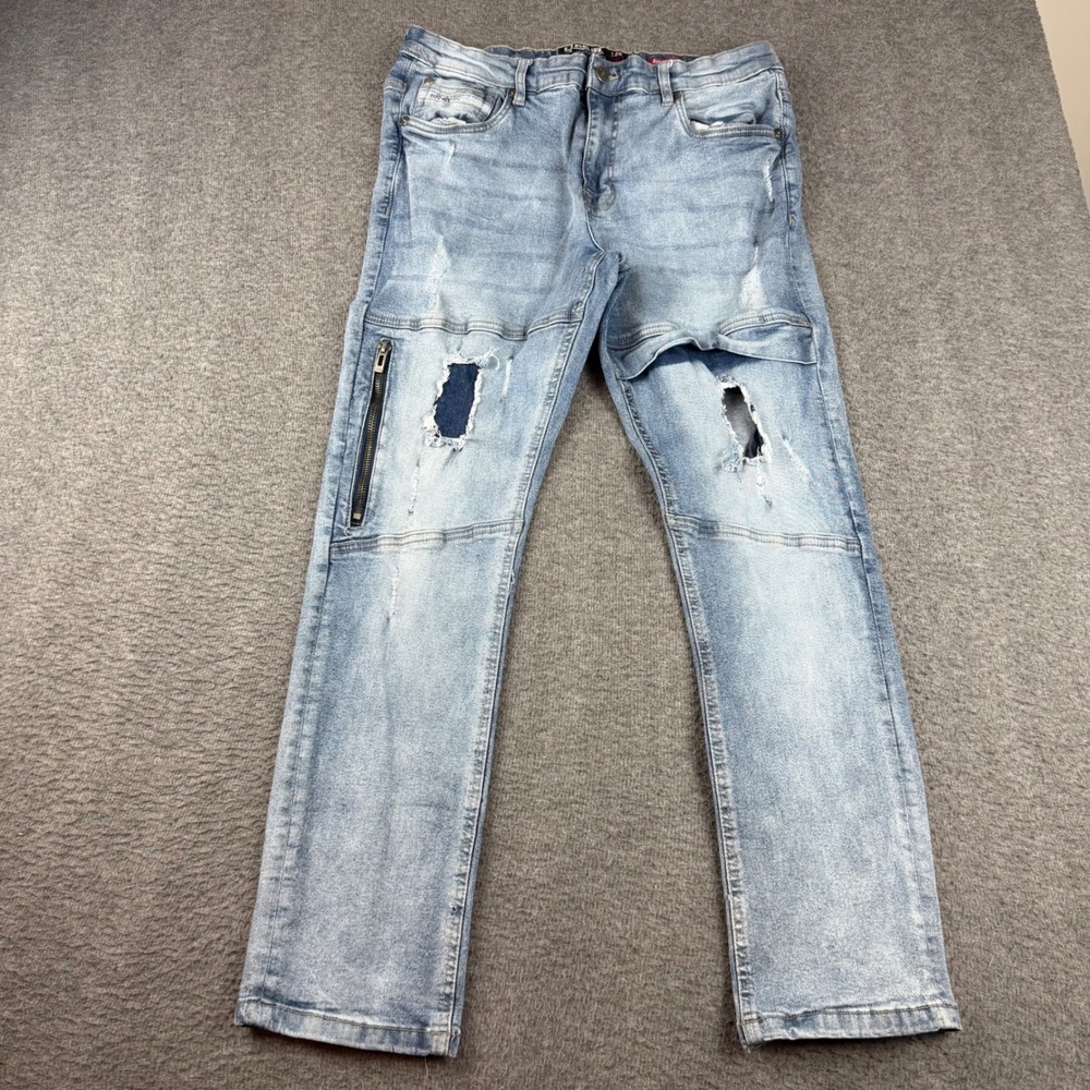 Ecko Unltd Skinny Jeans Men's 36 Blue Distressed Moto Ripped Slim Fit Denim